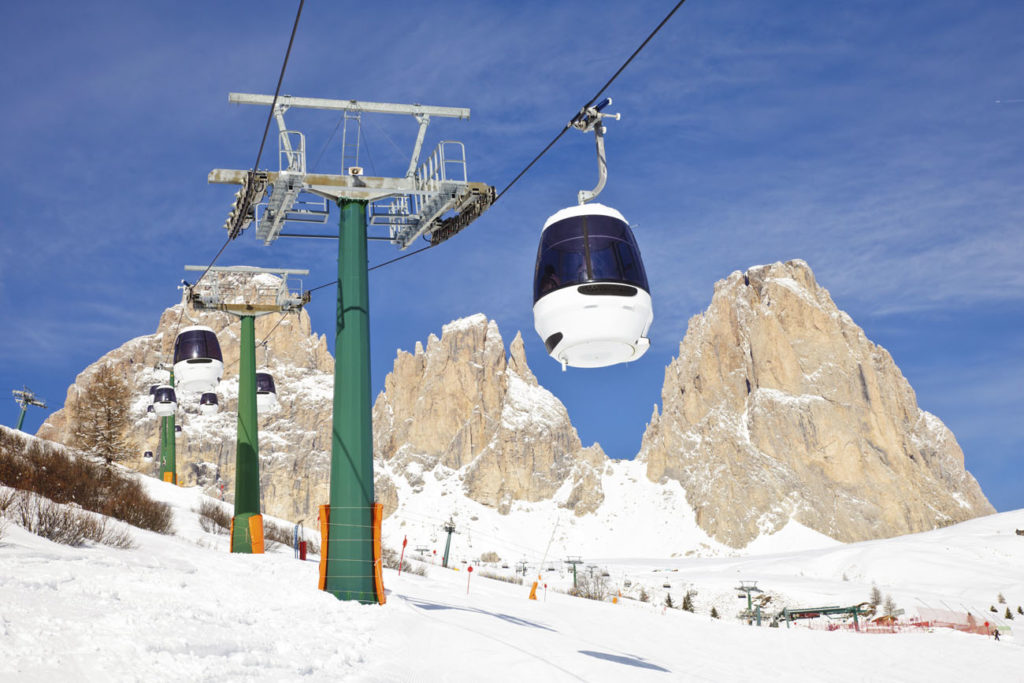 Monocable gondola lift at Val Di Fassa ski resort in Italy